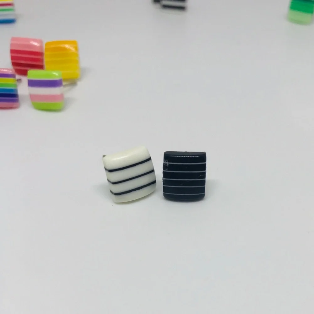 Black Mixed Multi Color Minimalist Repurposed Vintage Striped Bead Stud Earrin…